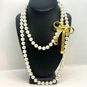 VINTAGE PEARL NECKLACE GOLD BOW BROOCH SET LONG KNOTTED LONG STRAND LUXURY